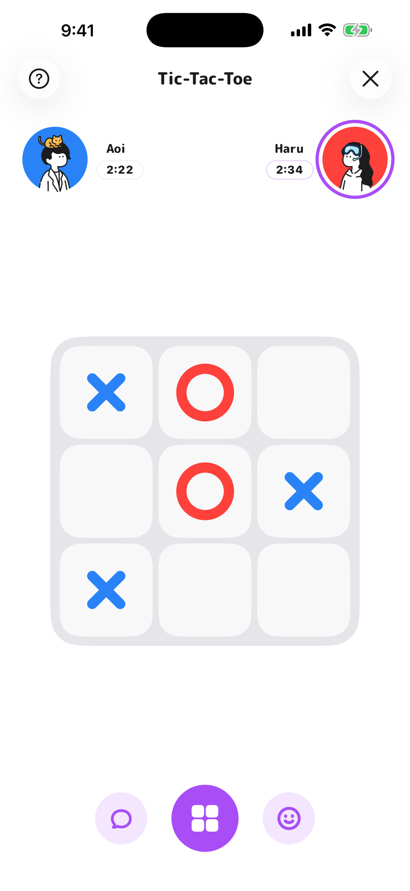 A Tic-Tac-Toe match in progress with both players' avatars in the header