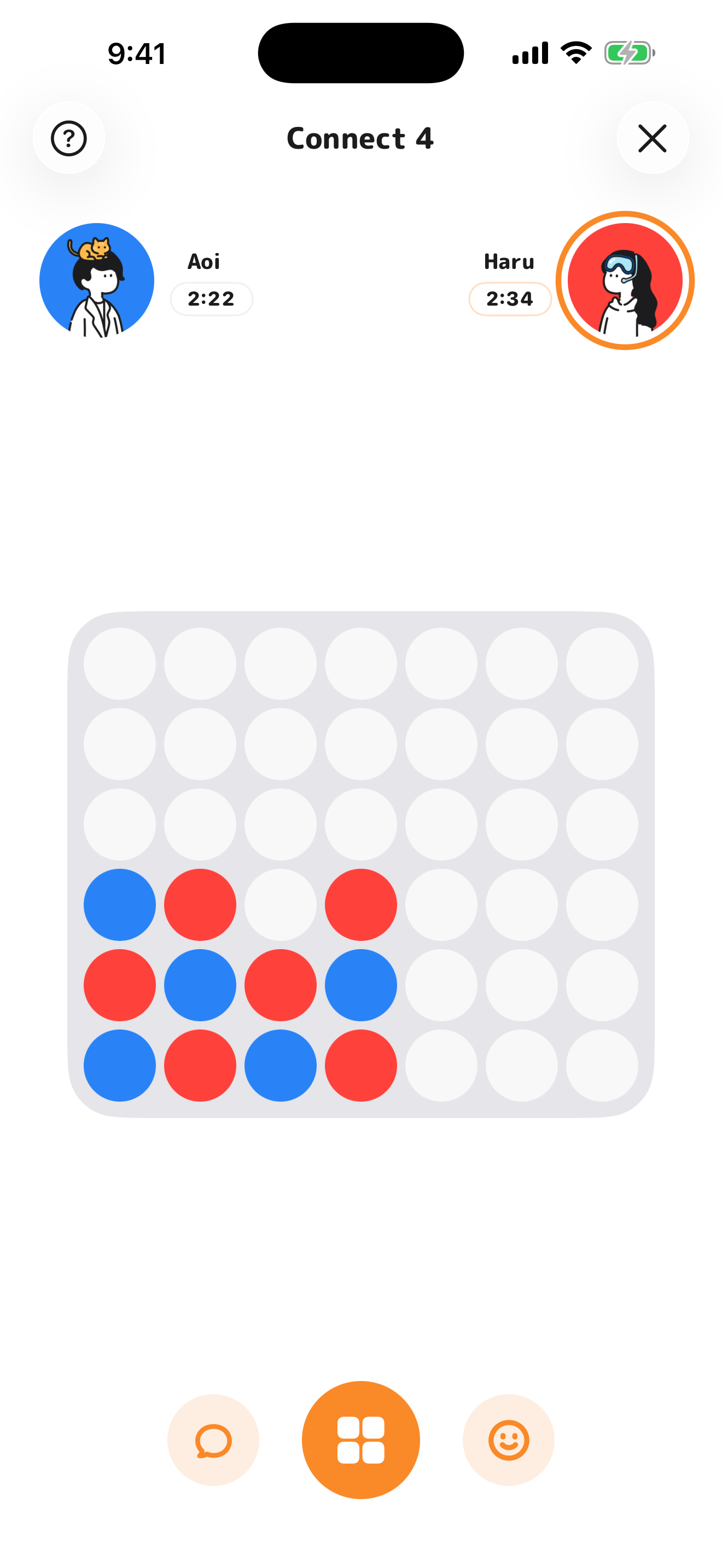 A Connect 4 match with stacked blue and red pieces and both players' avatars