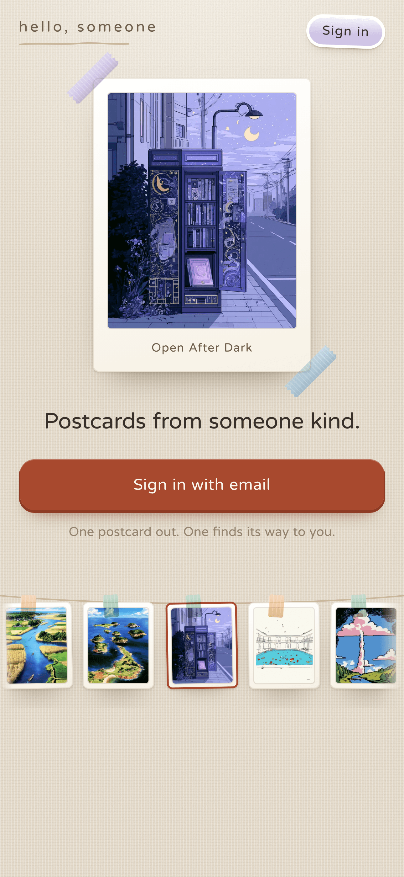 The landing: a postcard taken down off a line of hand-drawn covers, above Sign in with email
