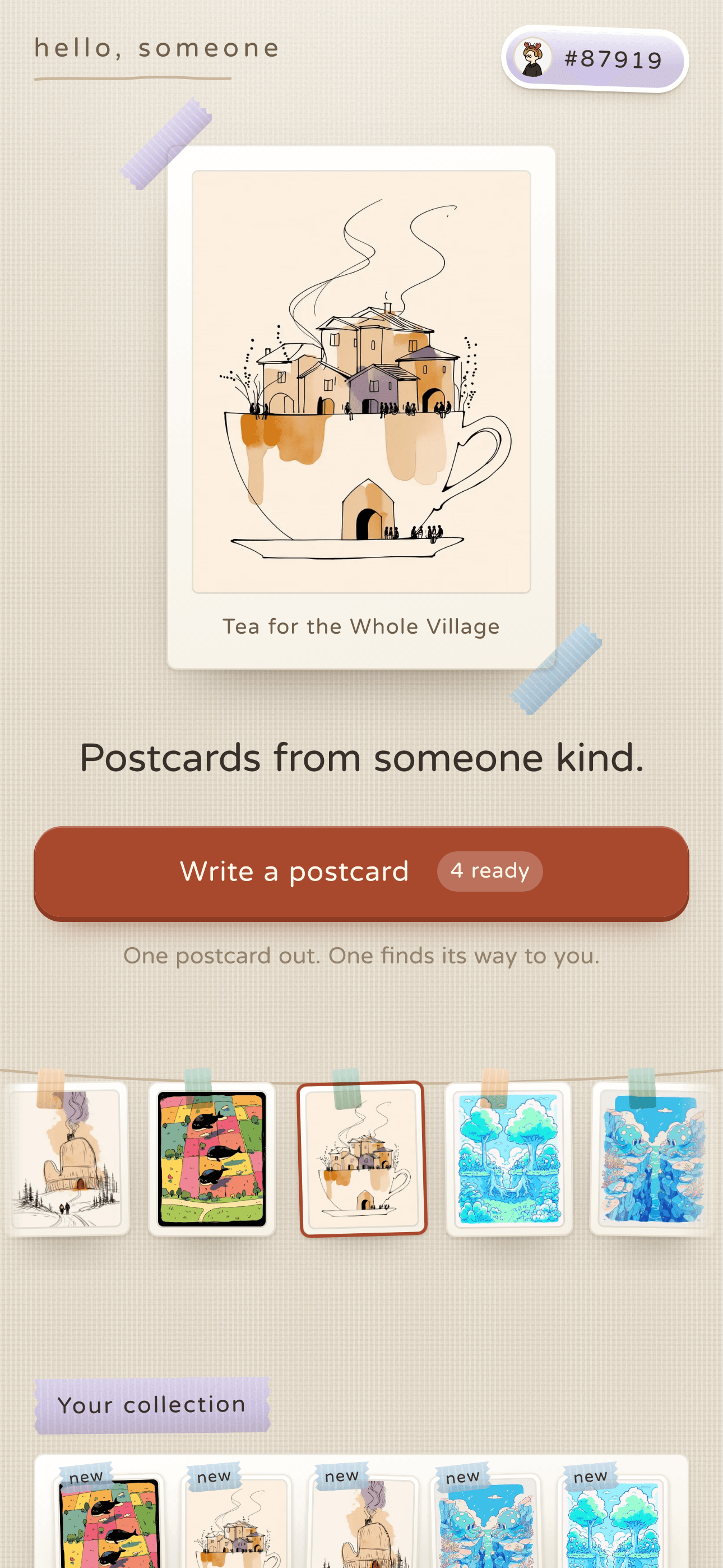 Home signed in: the avatar and tag in the corner, a cover hoisted on the desk, and Write a postcard with four ready