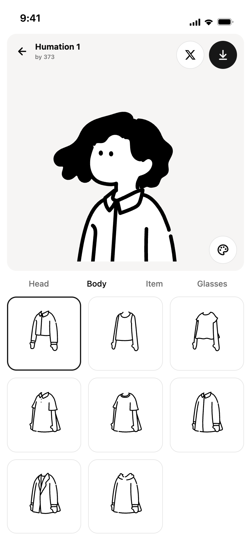 Choosing an outfit in the Body tab