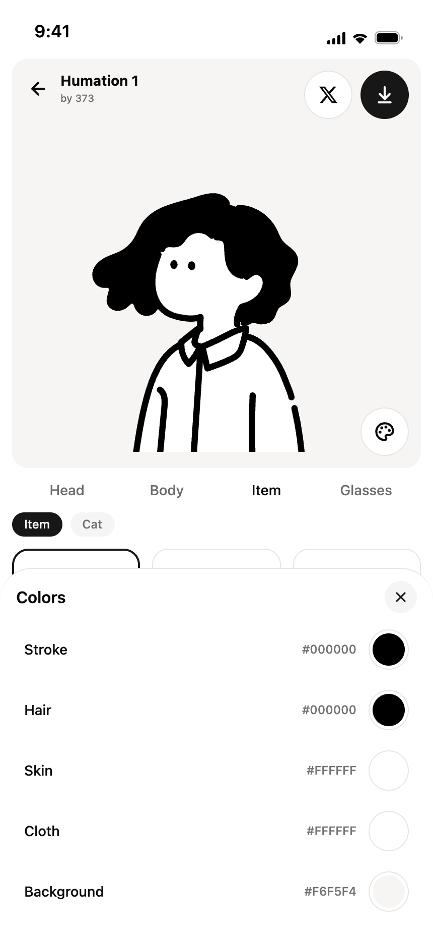 The Colors sheet for stroke, hair, skin, cloth and background