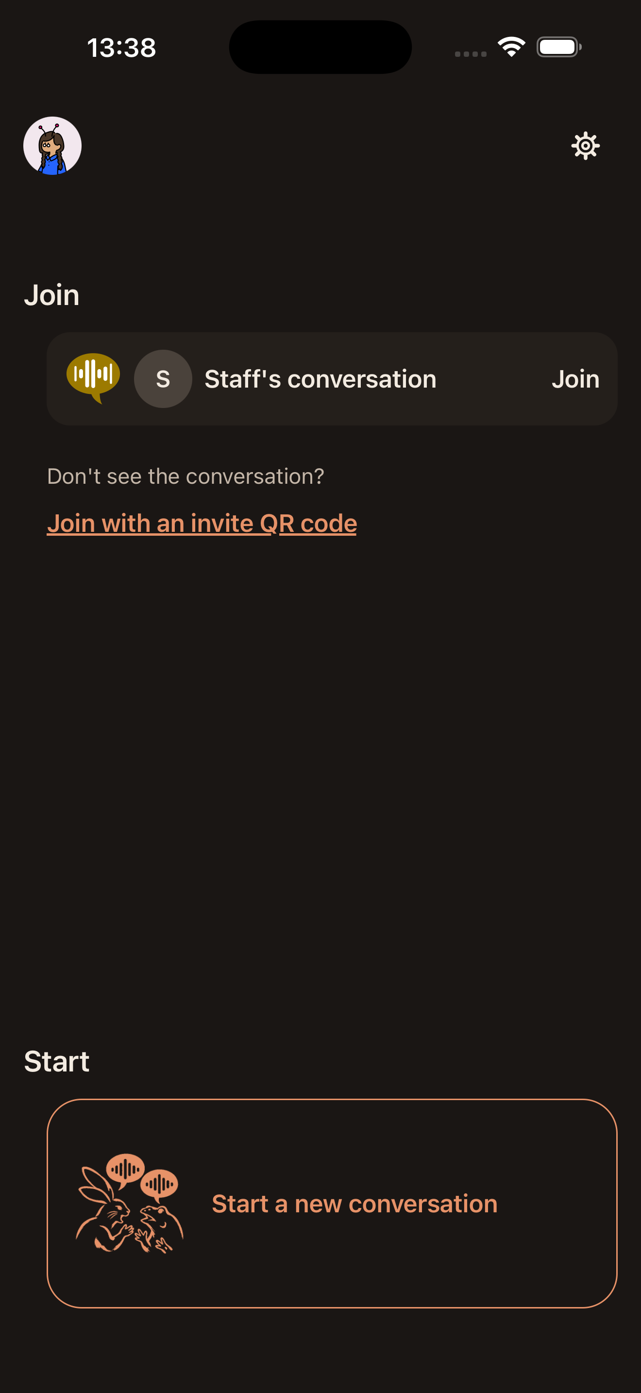 Home screen with your avatar, a nearby conversation to join and a button to start a new one