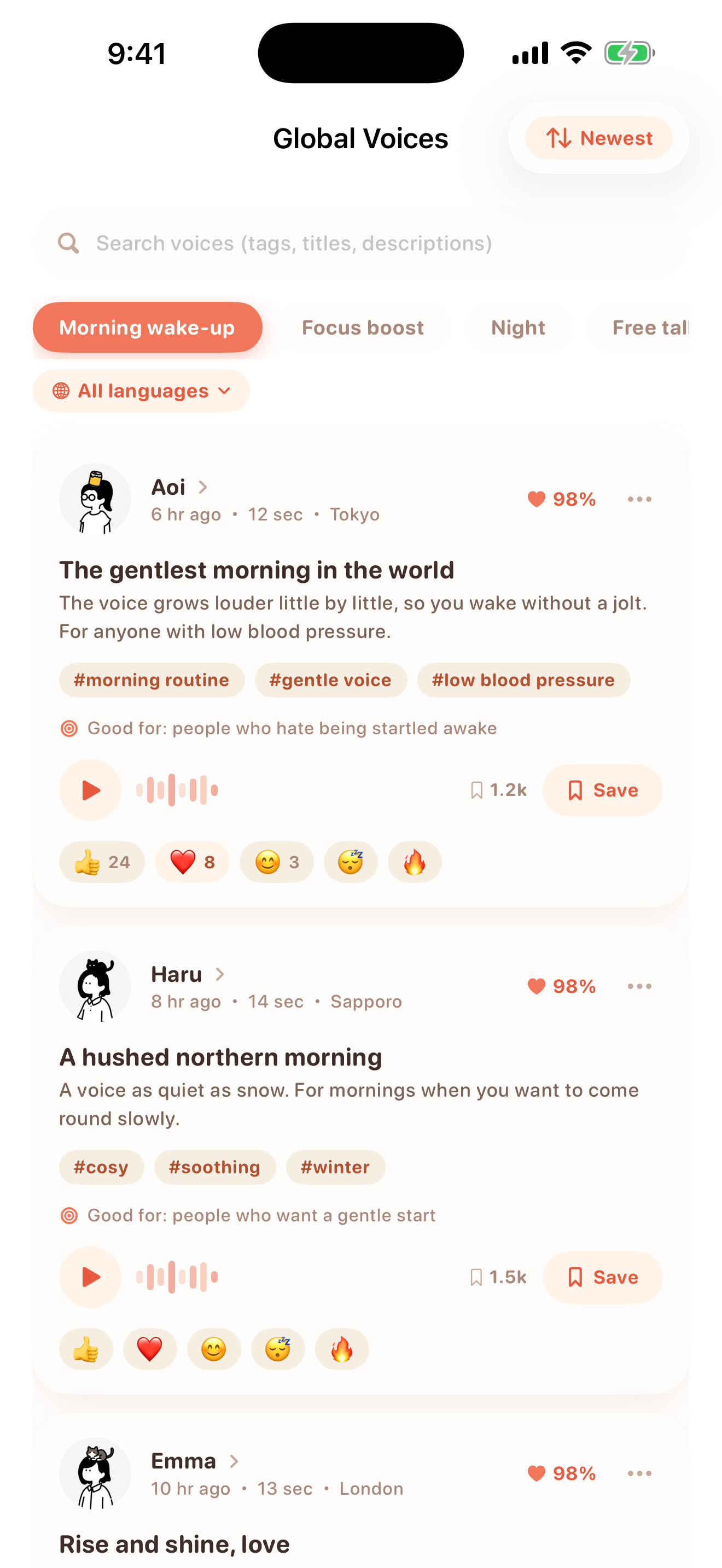 The Global Voices feed with a hand-drawn avatar beside each person who posted