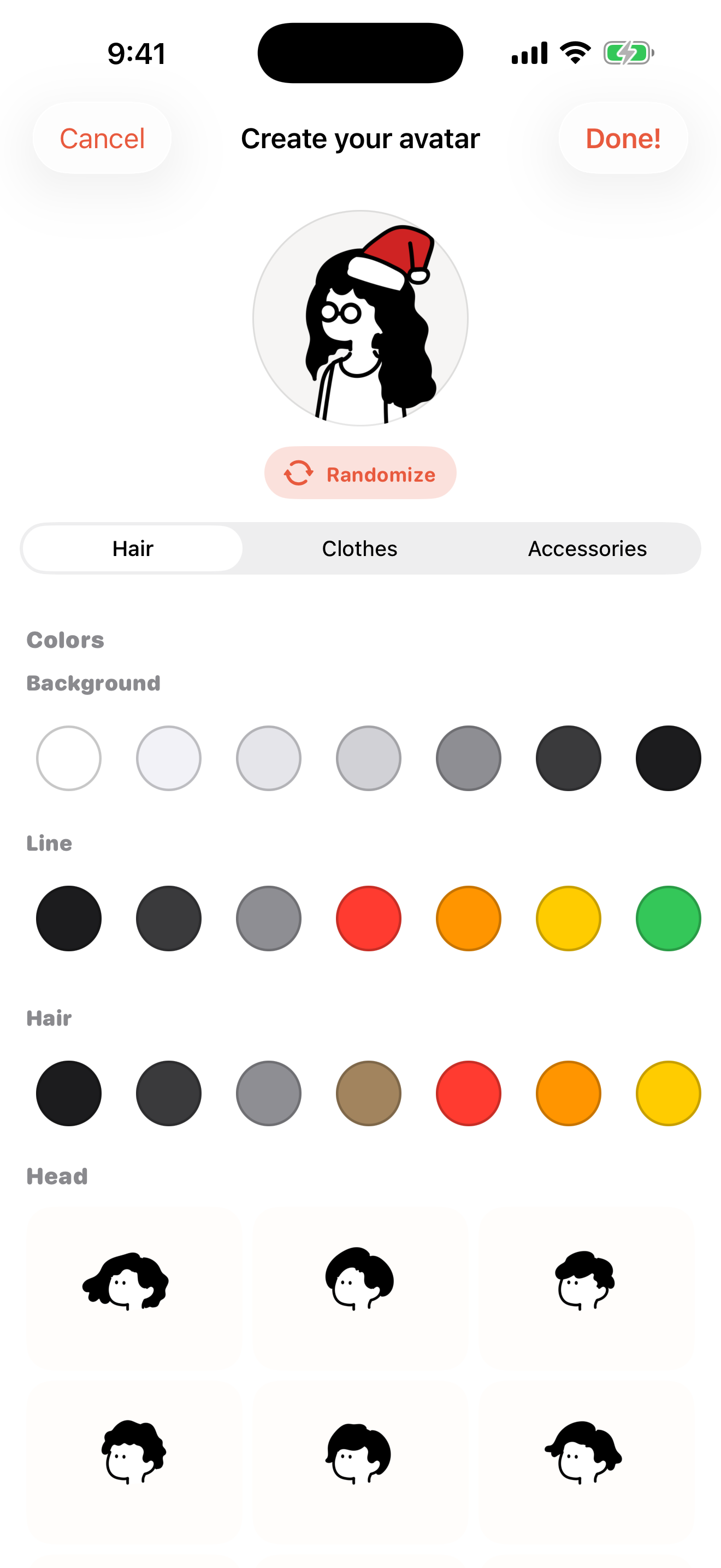 The avatar creator with hair, clothes and accessory tabs above a live preview