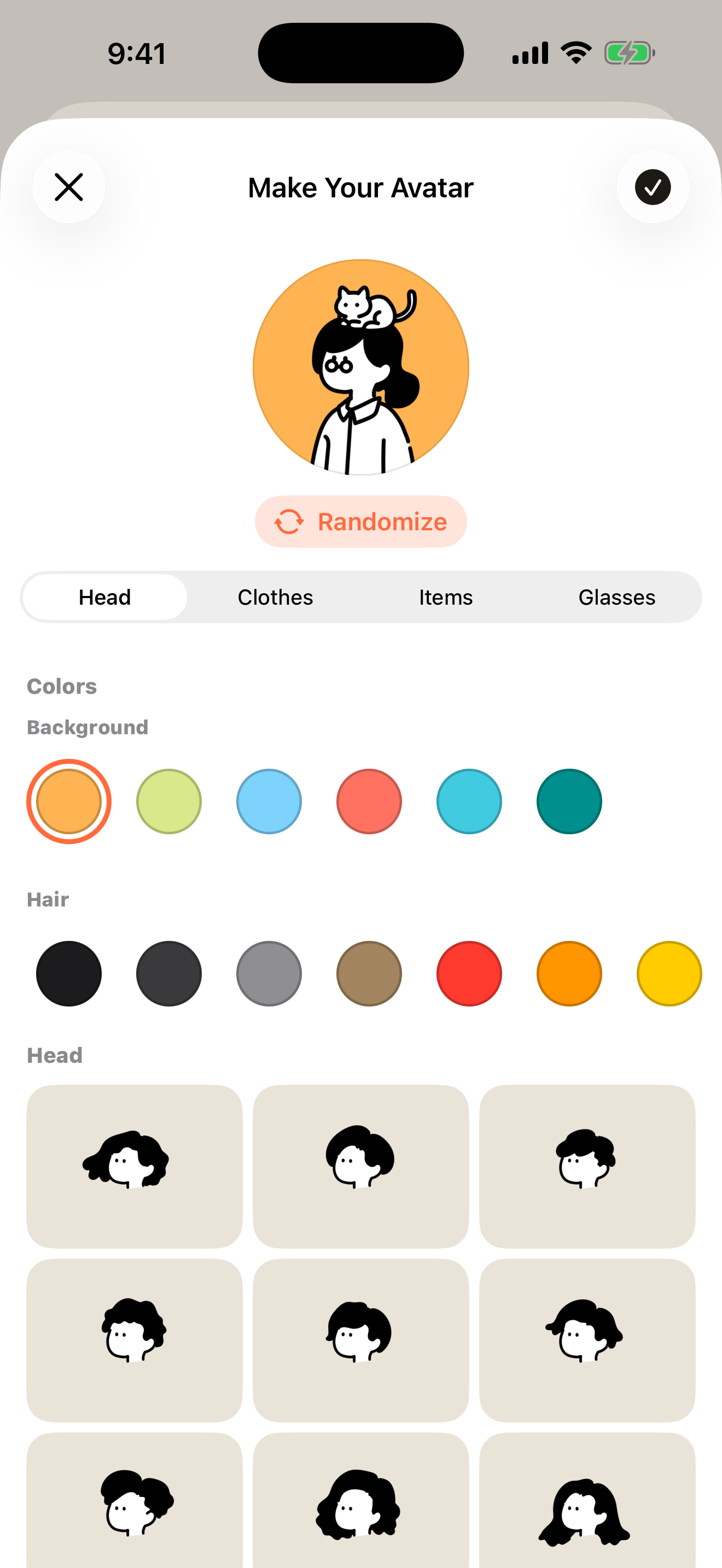 The Humation avatar editor, choosing hair, clothes, and background colors