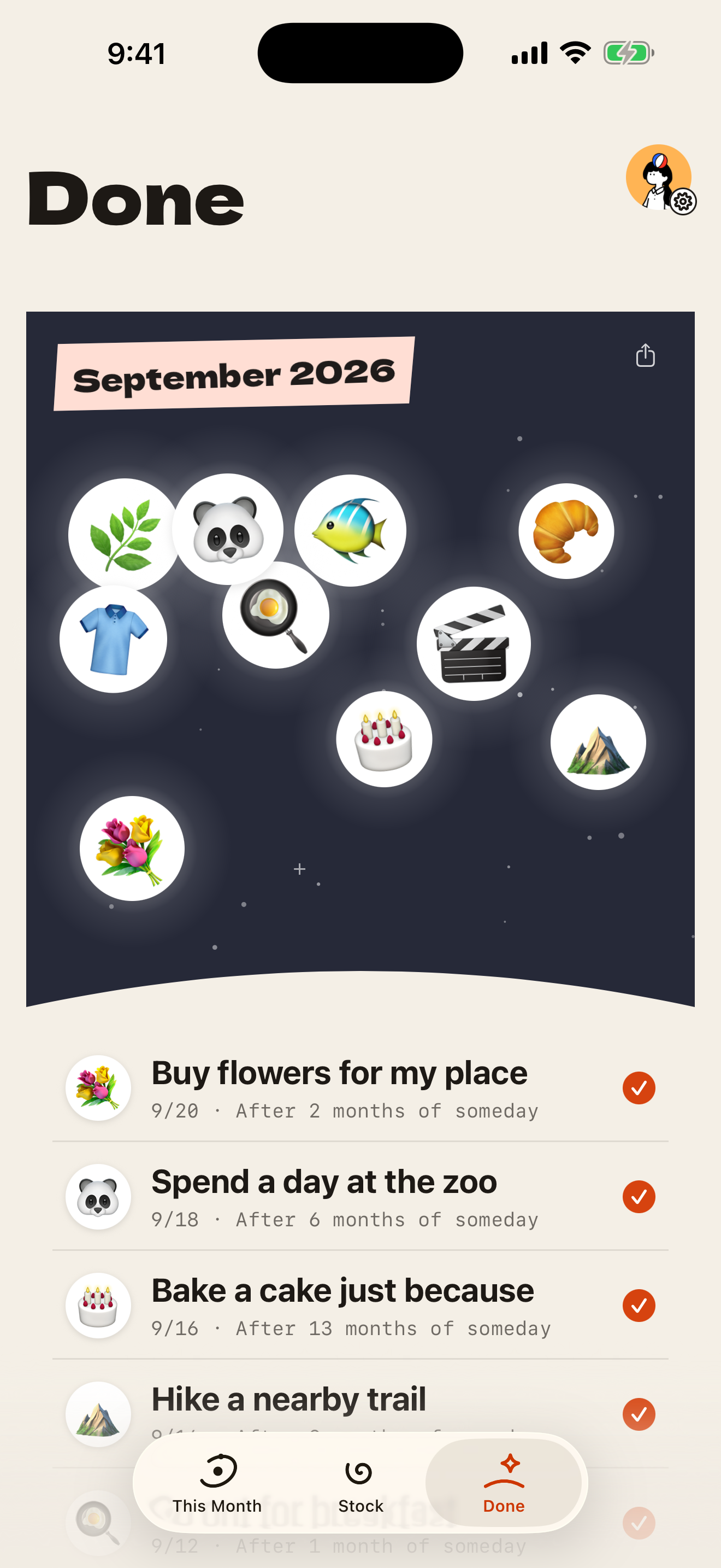 Done, with last month's finished wishes shown as icons on a night sky