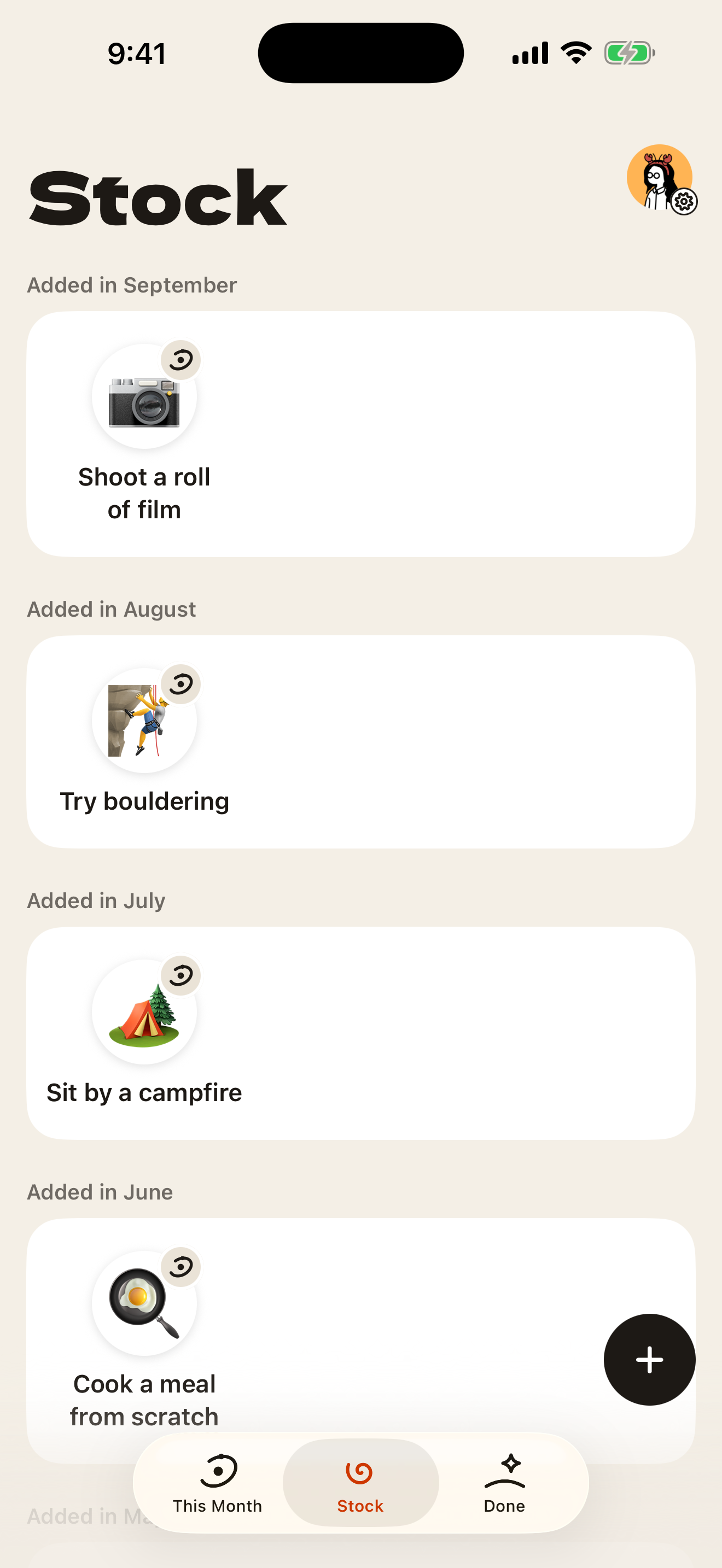 Stock, a list of ideas saved for later, with the Humation avatar in the corner
