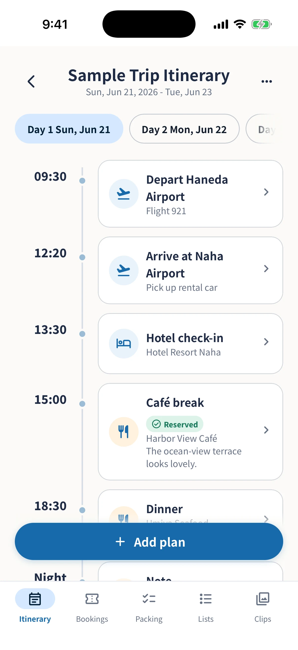 Sample trip itinerary arranged by day and time