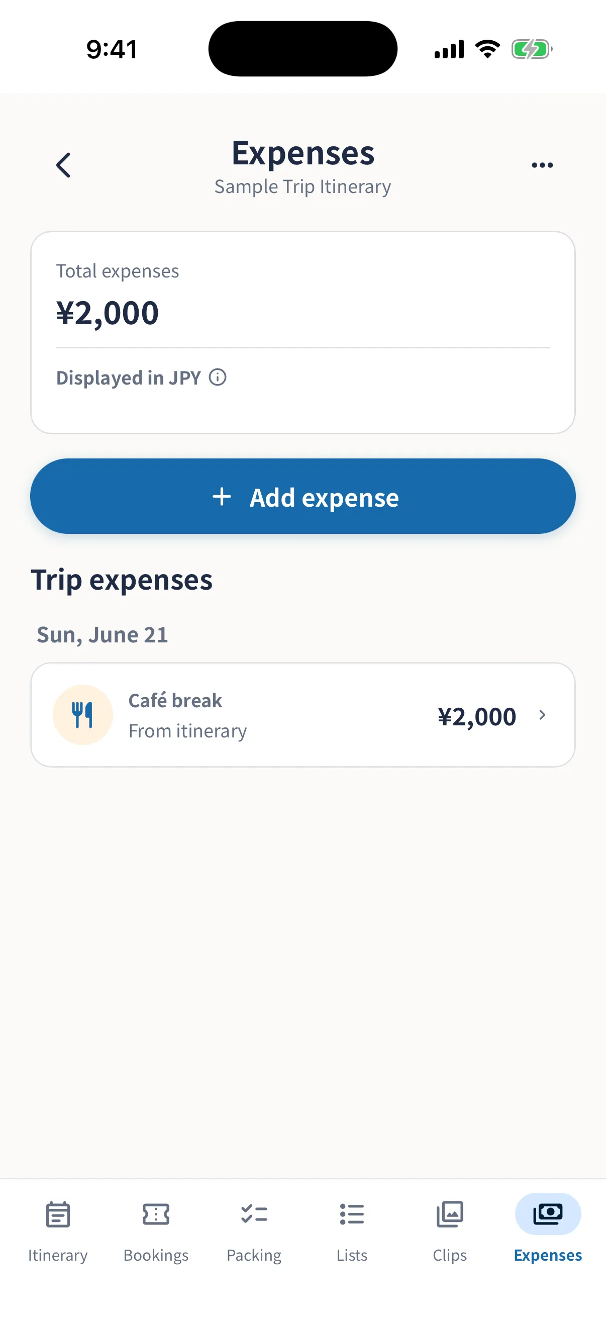 Trip expenses screen showing the sample total and one itinerary expense