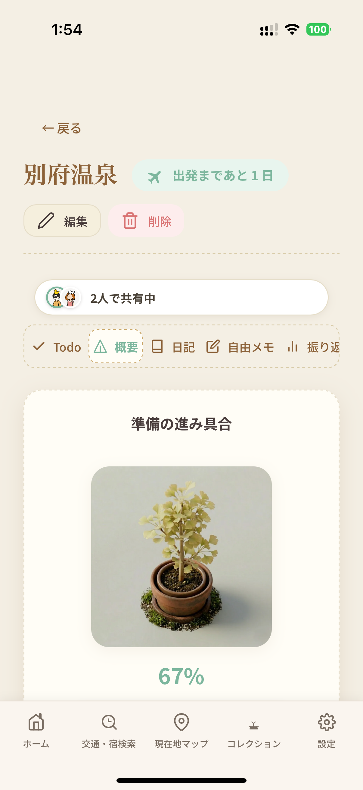 A shared trip showing the Humation avatars of the two members and a tree grown to sixty-seven percent