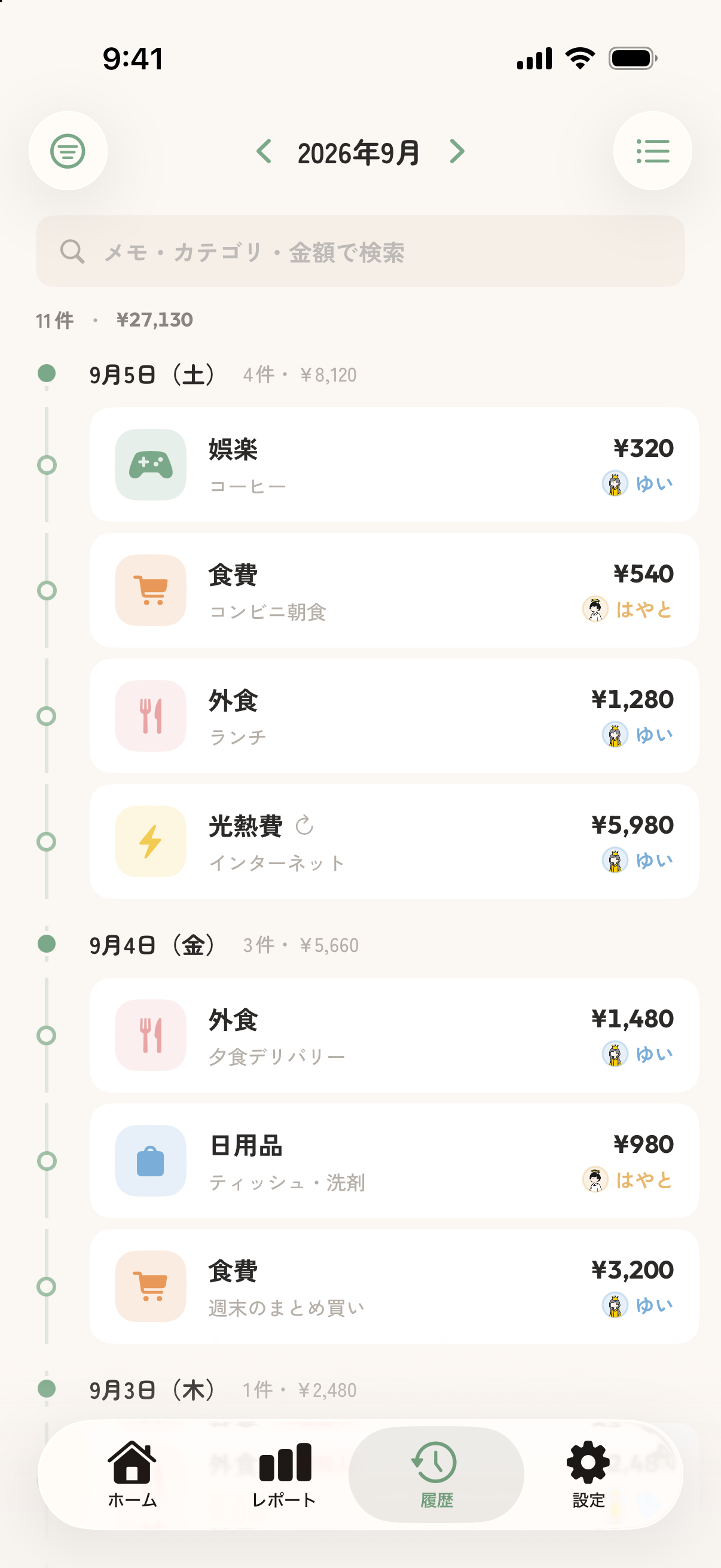 The history list, where a small avatar beside every expense shows which partner paid for it